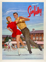 Original vintage Thrilling Sun Valley, Idaho Union Pacific Railroad linen backed travel and tourism authentic ski poster circa 1950s.