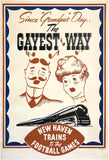 Original vintage Since "Grandpa's" Day.. The Gayest Way - New Haven Trains to the Football Games linen backed American railroad travel and tourism poster promoting travel throughout New England by an anonymous artist, circa 1941.