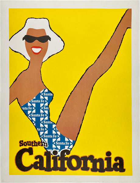 Original vintage Santa Fe Railroad - Southern California linen backed American railway travel and tourism poster featuring an illustration of a beautiful sun drenched swimsuit clad woman by an anonymous artist, circa 1950s.