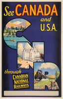 Original Vintage See Canada and U.S.A. Through Canadian National Railways linen backed Canada America railroad travel and tourism poster, circa 1930s.