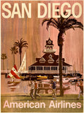 Original vintage San Diego - American Airlines linen backed airline travel and tourism mid-century modern small format poster by artist V.K. circa 1960s.