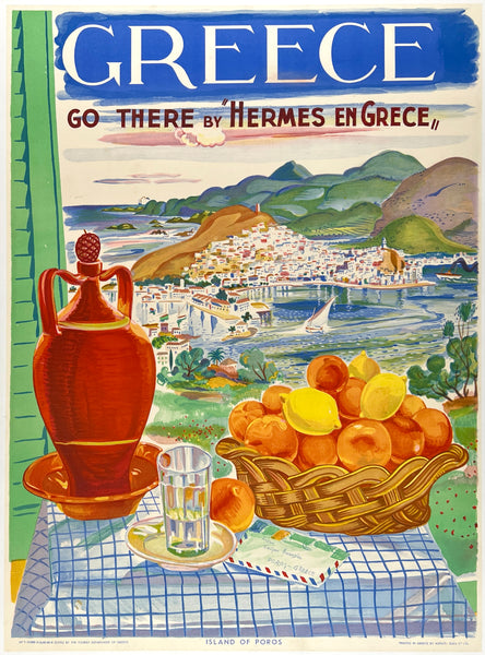 Original vintage Greece Island of Poros linen backed Greek travel and tourism poster plakat affiche circa 1948.
