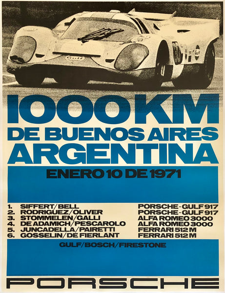 Original vintage 1000 KM De Buenos Aires Argentina 1971 - Porsche linen backed victory showroom auto racing poster designed by artist Erich Strenger, circa 1971.
