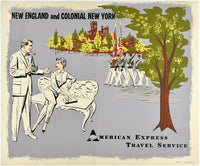 Original vintage American Express Travel Service New England and Colonial New York linen backed American travel and tourism silkscreen poster plakat affiche circa 1957.