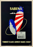 Original vintage Sabena Belgian Air Lines New York Brussels linen backed travel and Belgian tourism poster by artist Hohet, circa 1955.