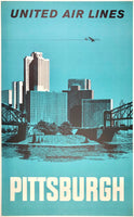 Original vintage United Air Lines - Pittsburgh linen backed UAL airline travel and tourism poster by artist circa 1960s.