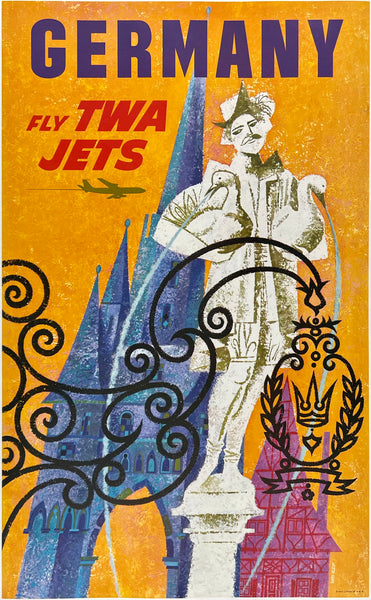 Original vintage Germany - Fly TWA Jets linen backed aviation German travel and tourism poster by artist David Klein, illustrator of airline posters for Trans World Airlines destinations.