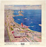 Original vintage The 1934 Century of Progress Looking North Chicago World's Fair linen backed travel and tourism birds eye map poster Pettit circa 1934.