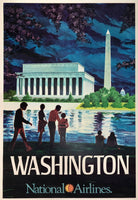 Original vintage Washington - National Airlines linen backed airline travel and tourism poster featuring the Washington Monument, Reflecting Pool, and the Lincoln Memorial by artist Bill Simon, circa 1960s.