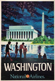 Original vintage Washington - National Airlines linen backed airline travel and tourism poster featuring the Washington Monument, Reflecting Pool, and the Lincoln Memorial by artist Bill Simon, circa 1960s.