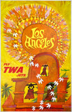 Original vintage Los Angeles - Fly TWA Jets linen backed aviation travel poster by artist David Klein, illustrator of airline posters for Trans World Airlines destinations in America, South America, Europe, Asia, and Africa.