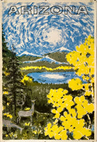 Original vintage Arizona Southwestern America travel and tourism poster featuring sunshine, deer, woods, trees, flowers, lakes, and rockies, circa 1950s.