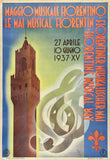 Original vintage Maggio Musicale Fiorentino linen backed Italian art deco travel and Florence Italy tourism music poster by artist Retrosi circa 1937.
