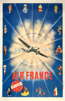Original vintage Air France Via French Line linen backed travel and tourism poster featuring  a Dewoitine D.332 aircraft high in the sky and people from all over the world, circa 1937.