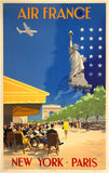 Original vintage Air France - Paris - New York linen backed travel and tourism poster by artist Vincent Guerra promoting travel to France and the United States, circa 1951.