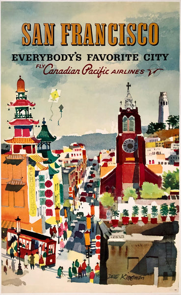 Original vintage San Francisco - Everybody's Favorite City - Fly Canadian Pacific Airlines linen backed airline travel and tourism poster by artist Dong Kingman, circa 1960s. This is a very rare poster with the Canadian Pacific text rather than the typical American Airlines text.