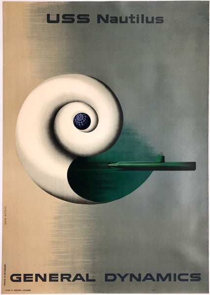 Original vintage General Dynamics - USS Nautilus linen backed mondernist submarine poster by artist Erik Nitsche, circa 1955. Nitsche was the graphic designer for many General Dynamics posters including this poster which was part of their Atoms For Peace advertising campaign.