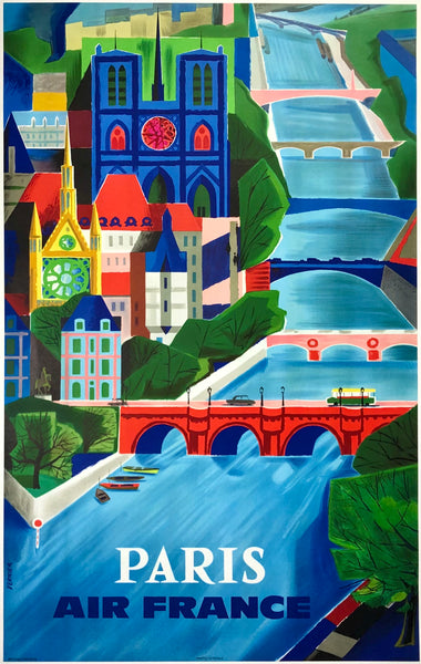Original vintage Paris - Air France linen backed travel and tourism poster featuring The Seine and Notre Dame Cathedral by artist Francois Vernier, circa 1963.