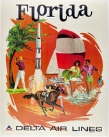 Original vintage Florida - Delta Air Lines linen backed airline travel and tourism poster plakat affiche circa 1970s.