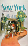 Original vintage New York - United Air Lines linen backed UAL airline travel and tourism poster featuring a carriage in central park with the NYC skyline in the background, circa 1971.
