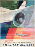 Original vintage American Airlines - 707 Jet Flagships linen backed travel and tourism airline poster featuring a Boeing engine and aircraft Danska, circa 1950.