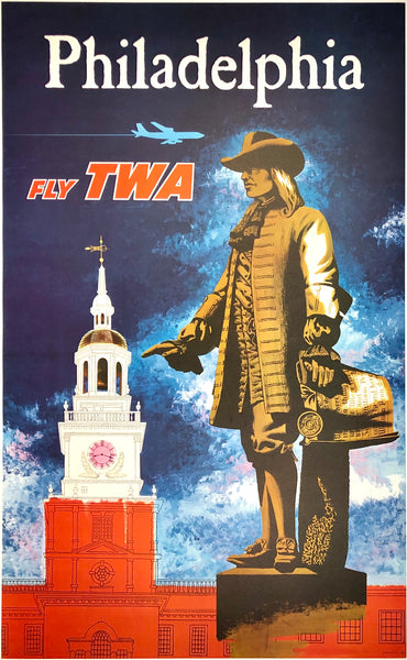Original vintage Philadelphia - Fly TWA linen backed aviation air travel and tourism poster by artist Robert Swanson and featuring illustrations of Ben Franklin and Independence Hall.