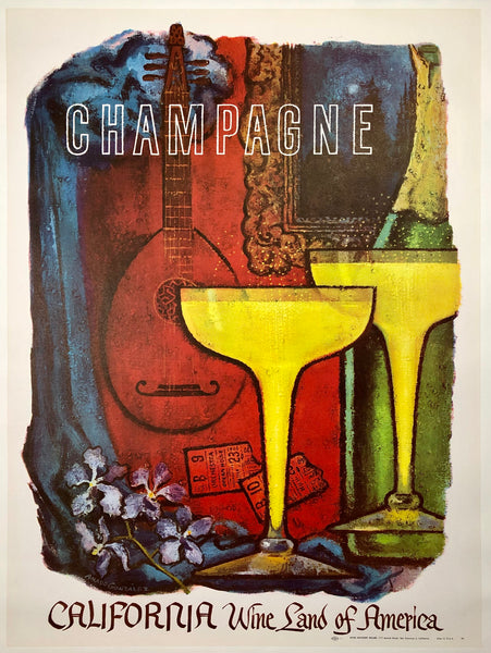 Original vintage Champagne - California - Wine Land of America linen backed travel and tourism poster by artist Amado Gonzalez, circa 1960s.