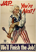 Original vintage Jap You're Next linen backed USA World War II poster by artist James Montgomery Flagg circa 1941. Flagg is most famous for his the iconic Uncle Sam artwork in the WWI I Want You poster.