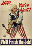Original vintage Jap You're Next linen backed USA World War II poster by artist James Montgomery Flagg circa 1941. Flagg is most famous for his the iconic Uncle Sam artwork in the WWI I Want You poster.