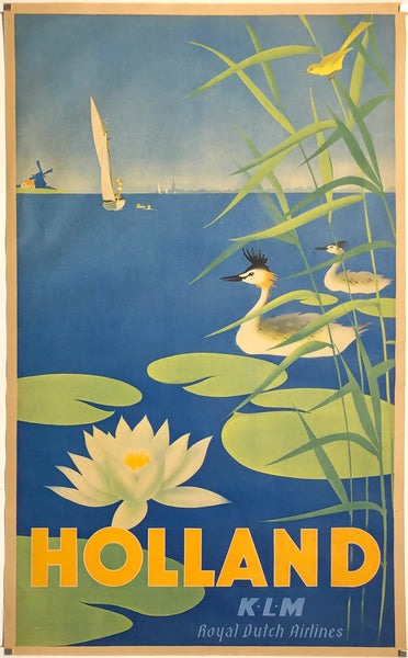 Original Vintage Holland - KLM - Royal Dutch Airlines linen backed Dutch airline travel and tourism poster, circa 1950s.