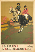 Original vintage The Hunt Along the The North Shore Line linen backed Chicago midwestern America railway travel and tourism poster by artist Oscar Rabe Hanson, circa 1926.