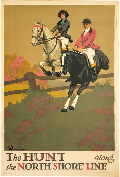 Original vintage The Hunt Along the The North Shore Line linen backed Chicago midwestern America railway travel and tourism poster by artist Oscar Rabe Hanson, circa 1926.