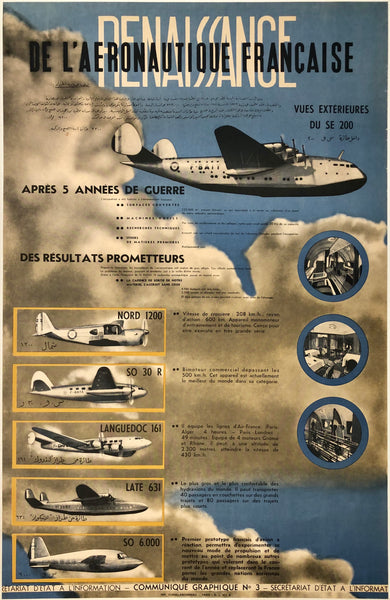 Original vintage Renaissance Aeronautique Francais linen backed French post World War II WWII propaganda poster plakat affiche circa 1946.