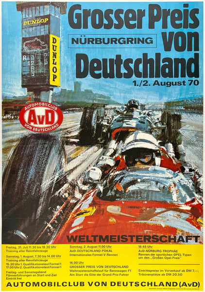 Original vintage Grand Prix of Germany linen backed automobile car racing showroom poster plakat affiche by artist Michael Turner circa 1970.