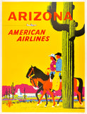 Original vintage Arizona - American Airlines linen backed southwestern travel and tourism poster featuring a cowboy and cowgirl riding horses through the desert and a cactus in the foreground by artist Fred Ludekens, circa 1950s.