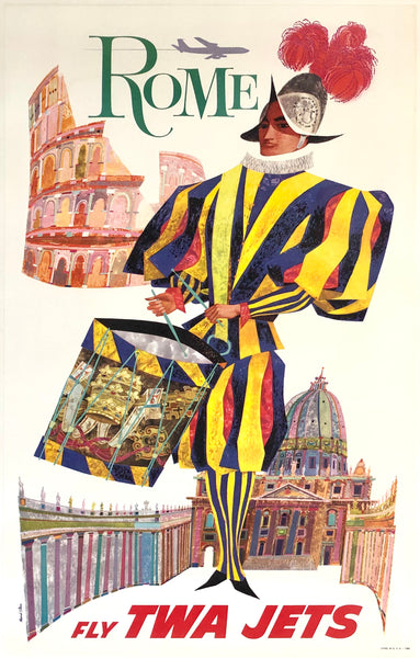 Original vintage Rome - Fly TWA Jets linen backed aviation Italian travel and tourism poster by artist David Klein, illustrator of airline posters for Trans World Airlines destinations.