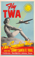 Original vintage poster Fly TWA the sunshine way over the sunny santa fe trail california new mexico arizona texas