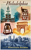 Original vintage Visit Philadelphia - Go By Train - Pennsylvania Railroad linen backed railway travel and tourism poster featuring images of iconic landmarks like the Liberty Bell, Betsy Ross' house, and Independence Hall by artist Kummer, circa 1948.