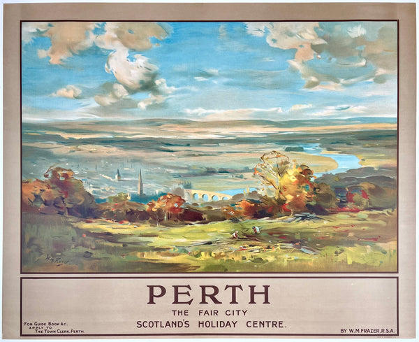 Original vintage Perth - The Fair City - Scotland's Holiday Centre Scottish and British linen backed travel and tourism poster plakat affiche by artist William Miller Frazer, circa 1925.