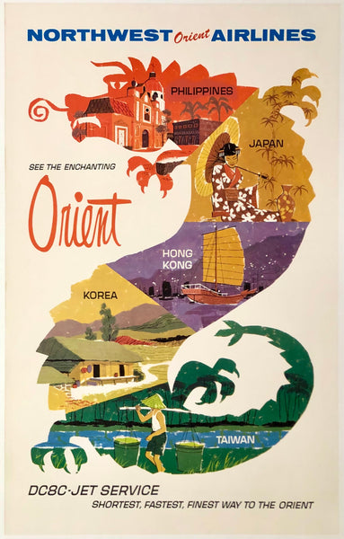 Original vintage Northwest Orient Airlines - See The Enchanting Orient - Hong Kong, Korea, Japan, Philippines, Taiwan linen backed airline travel and tourism poster, circa 1960s.