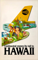 Original vintage Continental Moves Its Tail To Hawaii linen backed aviation airline travel and tourism poster, circa 1960s.