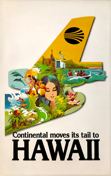 Original vintage Continental Moves Its Tail To Hawaii linen backed aviation airline travel and tourism poster, circa 1960s.