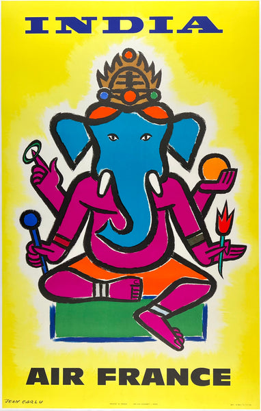 Original vintage India - Air France linen backed travel and Indian tourism poster featuring The Four-Armed Ganesha by artist Jean Carlu, circa 1959.
