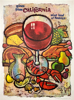 Original vintage Wines From California - Wine Land of America linen backed travel and tourism poster by artist Amado Gonzalez, circa 1960s.