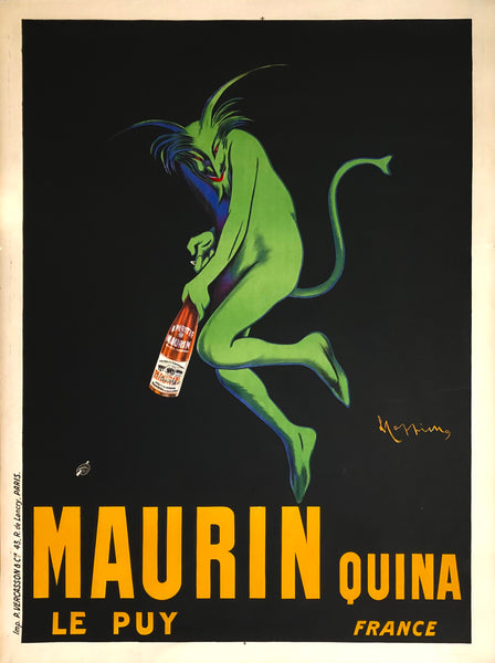 Original vintage Maurin Quina linen backed French vermouth liquor advertising poster featuring the iconic "Green Devil," and illustrated by master poster artist Leonetto Cappiello, circa 1906.