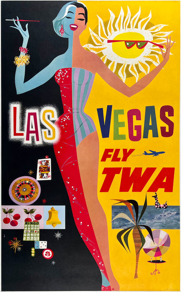 Original vintage Las Vegas - Fly TWA linen backed aviation travel and tourism showgirl, casino, sunshine and beaches poster by artist David Klein, illustrator of airline posters for Trans World Airlines destinations.