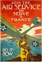 Original vintage Join The Air Service And Serve In France linen backed USA World War I poster by artist J. Paul Verrees, circa 1917.