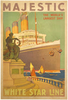 Original Vintage Majestic - The World's Largest Ship - White Star Line linen backed cruise ship poster promoting travel aboard the RMS Majestic on its North Atlantic run from Southampton England to New York City. By Artist W. J. Aylward, circa 1932.