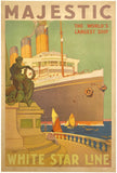 Original Vintage Majestic - The World's Largest Ship - White Star Line linen backed cruise ship poster promoting travel aboard the RMS Majestic on its North Atlantic run from Southampton England to New York City. By Artist W. J. Aylward, circa 1932.