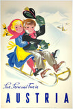 Original vintage Sun, Snow, and Fun in Austria Austria linen backed travel and tourism poster by artist Josef Eberle Triga, circa 1950.